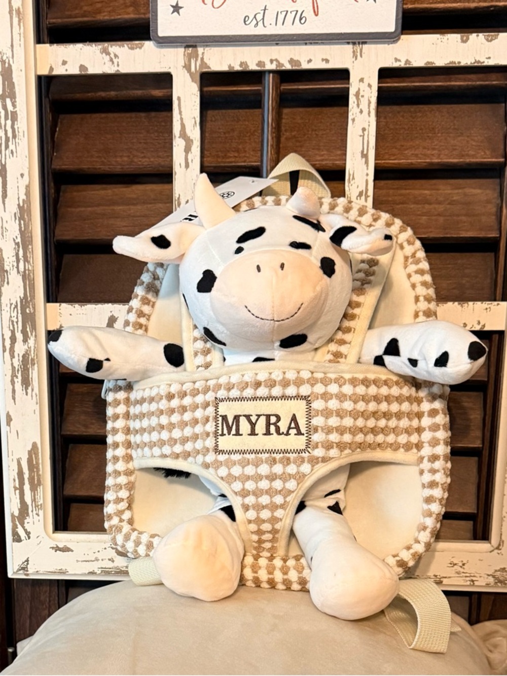 Myra Bag Plush Cow Kids Backpack in Cream and Black